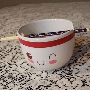 Cute Winking Noddle Face Bowl with Chopsticks